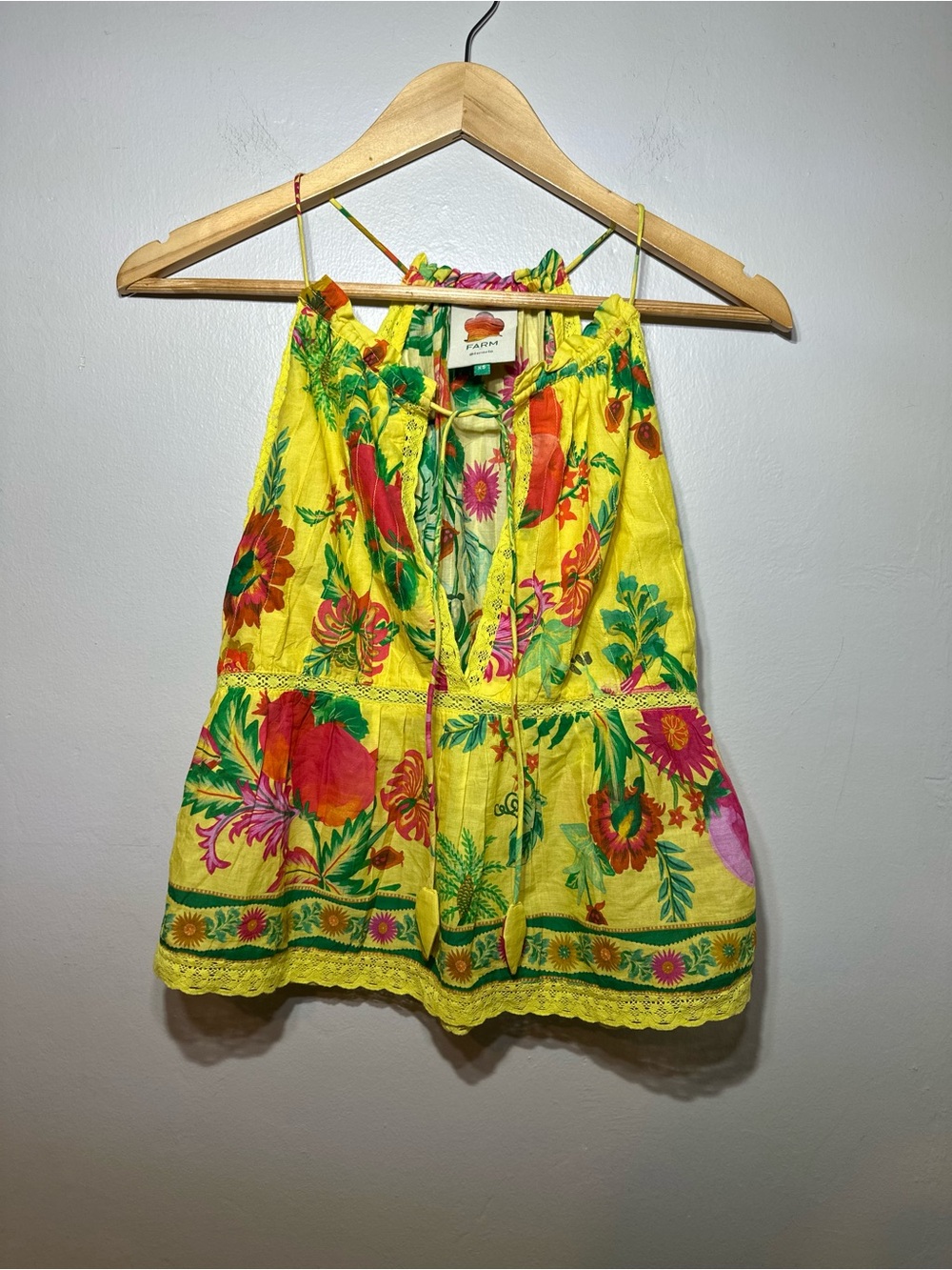 FARM Rio Cotton Yellow Tropical Print Halter Tie-Front Top Size Women’s XS - Picture 3 of 10